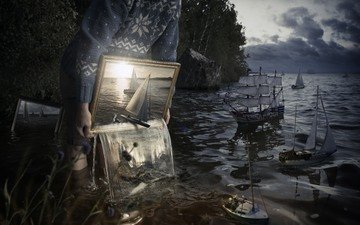 вода, картина, море, корабль, человек, зеркало, k