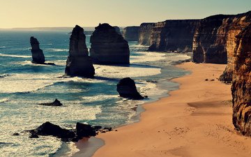камни, берег, волны, песок, пляж, австралия, виктория, пляж двенадцати апостолов