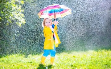девочка, дождь, зонт, ребенок