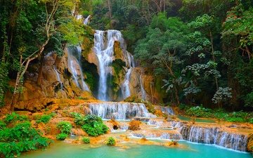 деревья, скалы, природа, лес, водопад, каскад, лаос, kuang si waterfall