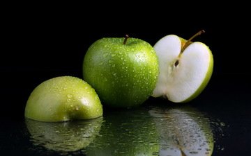 макро, отражение, фон, капли, фрукты, яблоки, зеленые, черный фон, плоды, половинки