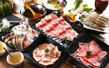 мясо, соус, морепродукты, креветки, японская кухня, суп, ассорти, блюда, моллюски, мясное ассорти