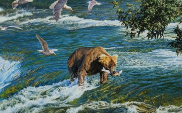 рисунок, река, медведь, чайки, рыба
