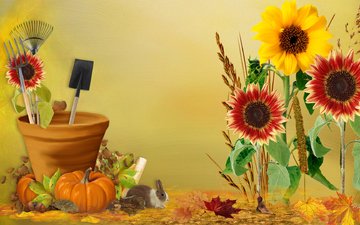 цветы, листья, осень, сад, кролик, урожай, коллаж, лопата, дача