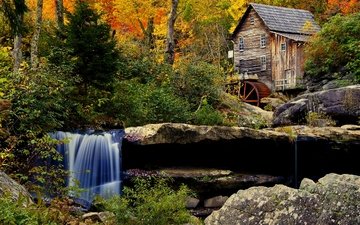 деревья, камни, лес, водопад, осень, мельница, водяная мельница