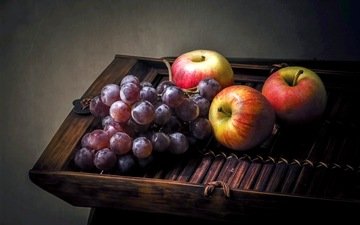 виноград, фрукты, яблоки, натюрморт