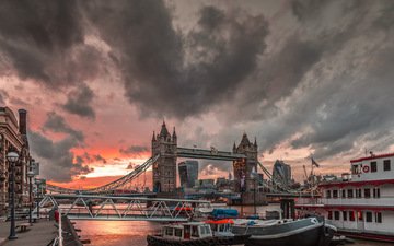 небо, река, лондон, город, англия, тауэрский мост