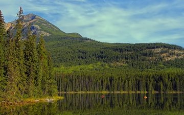 деревья, озеро, горы, пейзаж, канада, джаспер, pyramid lake