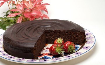 листья, клубника, торт, шоколадный торт