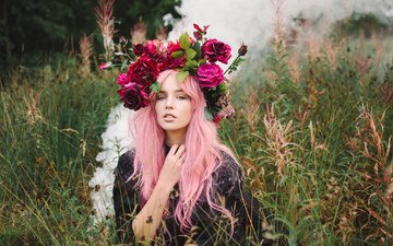 цветы, трава, девушка, венок, розовые волосы, lauren hallworth