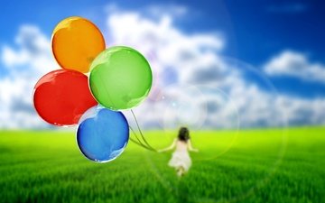 небо, трава, поле, девочка, воздушные шары, зеленая
