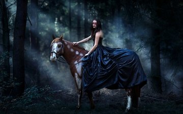 лошадь, лес, девушка, маска, платье, конь