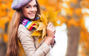 девушка, взгляд, осень, лист, волосы, макияж, куртка, красивая