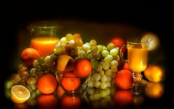 виноград, фрукты, апельсины, черный фон, ягоды, лимоны, цитрусы, сок