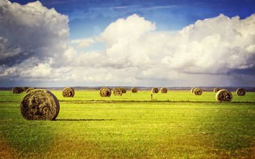 трава, облака, пейзаж, поле, сено, тюки, фермы, рулоны