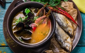 зелень, рыба, морепродукты, специи, суп, моллюски