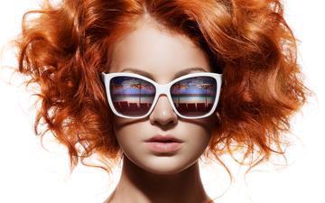 девушка, отражение, фон, портрет, рыжая, модель, волосы, лицо, солнечные очки, волосы. солнечные очки. взгляд. отражение