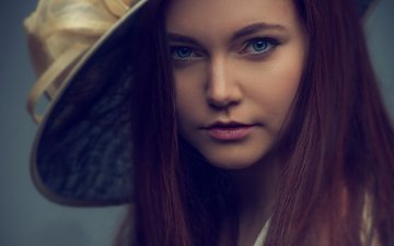 девушка, портрет, ретро, взгляд, модель, лицо, голубые глаза, шляпка, длинные волосы