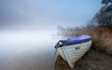 озеро, пейзаж, туман, лодка