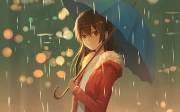 арт, девушка, улыбка, аниме, дождь, зонт