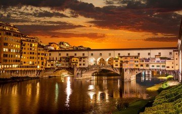 ночь, огни, город, венеция, италия, флоренция, здания, старый мост
