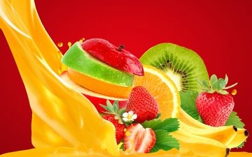 фрукты, клубника, лимон, витамины, ягоды, киви, бананы, сок