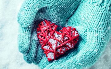 снег, зима, сердце, любовь, руки, перчатки