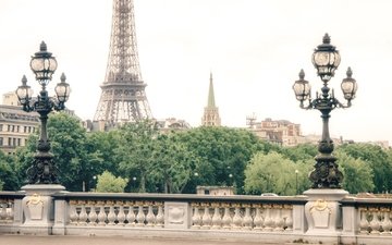 фонари, мост, город, париж, франция, эйфелева башня