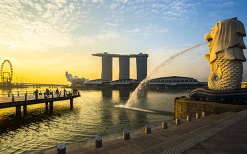 восход, город, фонтан, сингапур, парк мерлион