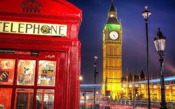 лондон, англия, телефонная будка, биг-бен, огни города, уличный фонарь