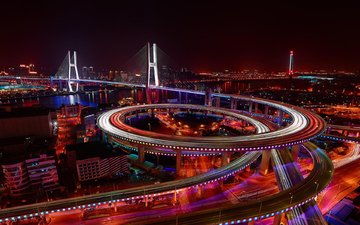 ночь, огни, мост, город, шанхай, китай, дороги, мост нанпу, городские огни, длительная экспозиция, дорожное движение
