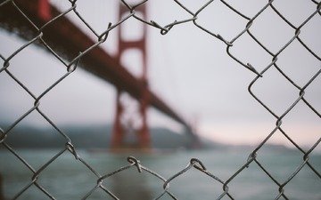 мост, забор, сетка, сша, сан-франциско, калифорния, золотые ворота, дыра, боке