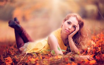 листья, девушка, портрет, осень