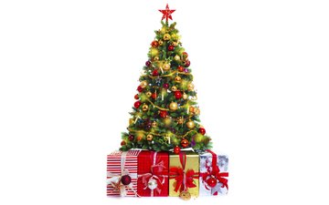 новый год, елка, шары, украшения, подарки, ленточки, игрушки, белый фон, звездочки, лампочки, праздник, гирлянда, коробки, новогодняя