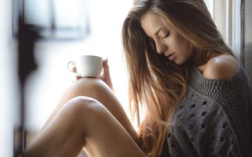 девушка, модель, ноги, сексуальная, чашка кофе
