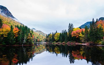 озеро, горы, отражение, пейзаж, осень, канада, квебек