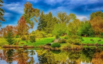 деревья, озеро, отражение, пейзаж, парк, осень