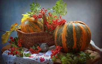 осень, овощи, тыква, натюрморт, рябина, мышонок, фигурка