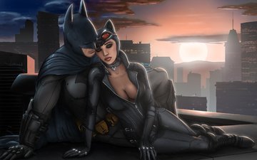 крыша, костюмы, batman:arkham city, batman x catwoman