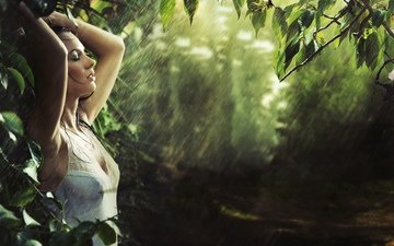 лес, девушка, модель, дождь, мокрая