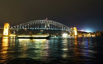 ночь, фонари, огни, река, мост, сидней, австралия, выдержка