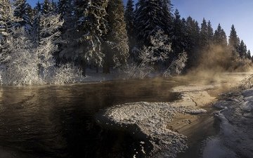 река, снег, зима, ели, карелия