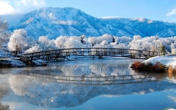 зима, гора, мост, речка