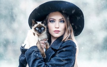снег, зима, стиль, девушка, кошка, взгляд, шляпа, miss elegancy, алессандро ди чикко