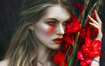 арт, девушка, фантазия, agnieszka lorek, tears and gladiolus, magda, красные цветы