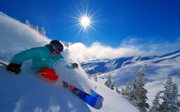 небо, солнце, снег, спуск, лыжник, лыжи, экстрим, солнцезащитные очки, горнолыжный спорт