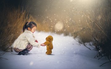 снег, дети, мишка, девочка, игрушка, ребенок, плюшевый медведь