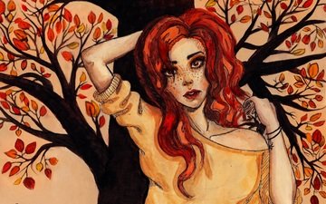 дерево, листья, девушка, взгляд, осень, рыжая, волосы, лицо, кофта, руки, живопись, веснушки