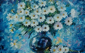 цветы, ромашки, букет, ваза, живопись, leonid afremov