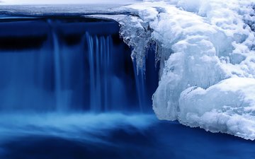 река, снег, природа, зима, водопад, лёд, холод